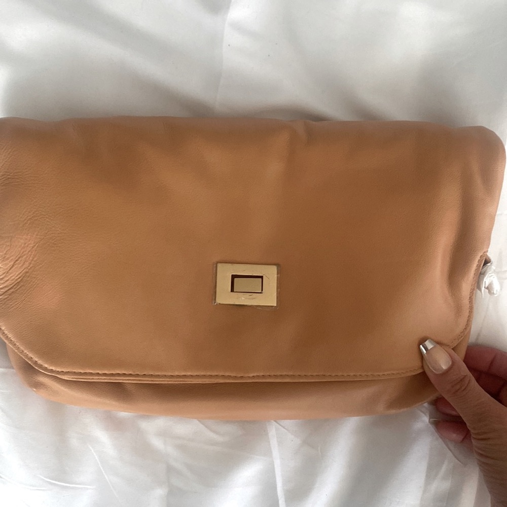 Brand new genuine tan leather purse clutch handbag strap pockets amazing!